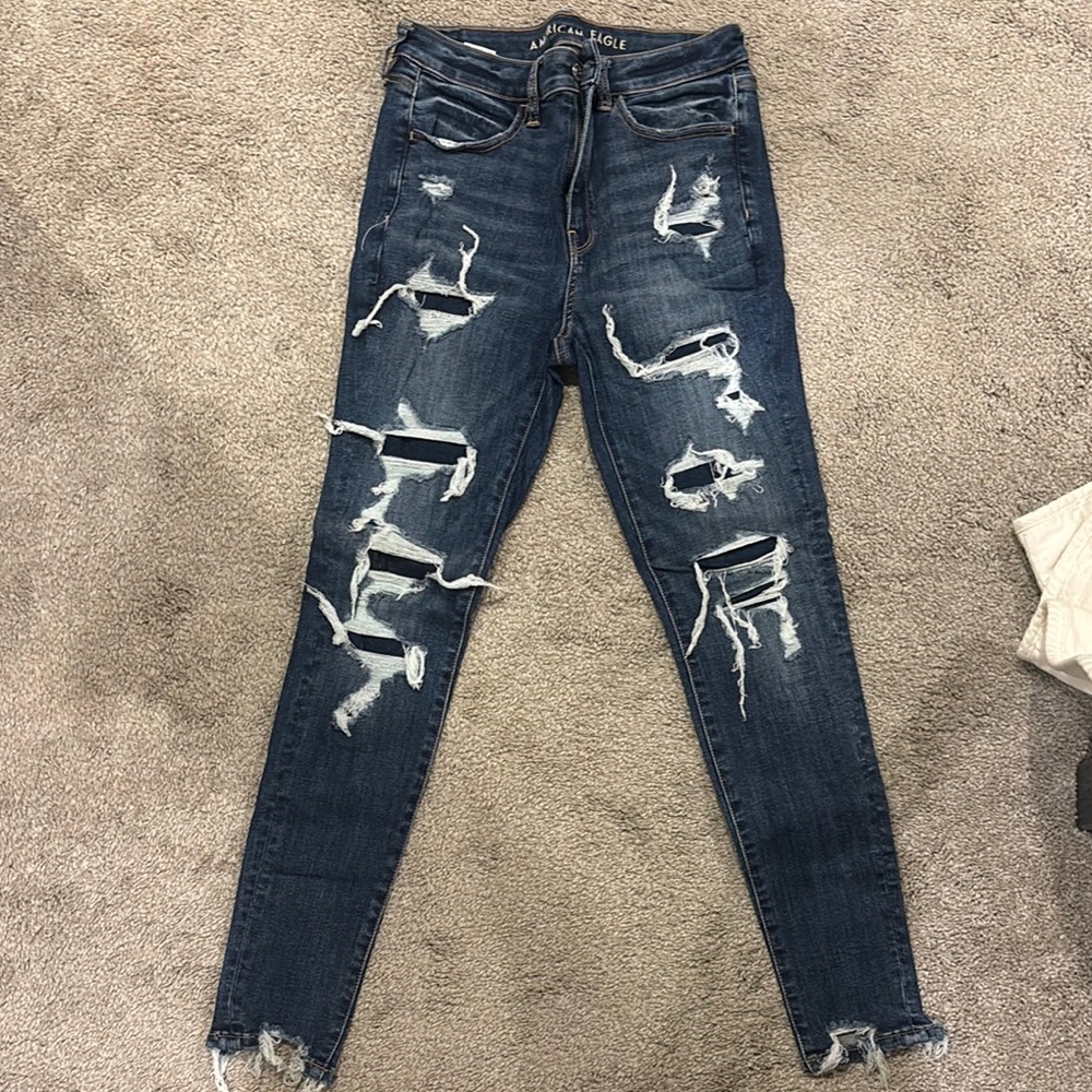 American Eagle Outfitters Blue Skinny Jeans with Distressed Details